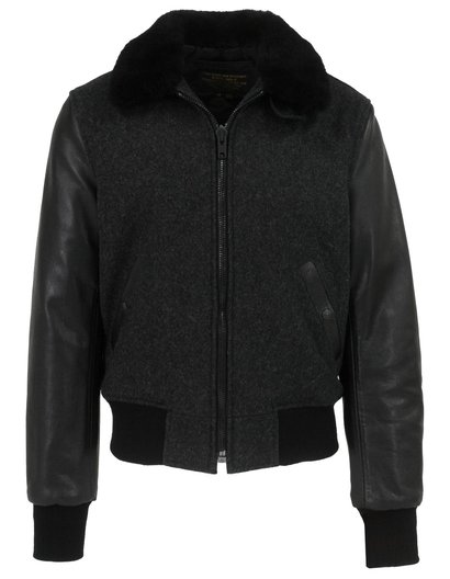 Men's B-15 Style Wool Jacket, Leather Sleeves and Genuine Sheepskin Collar